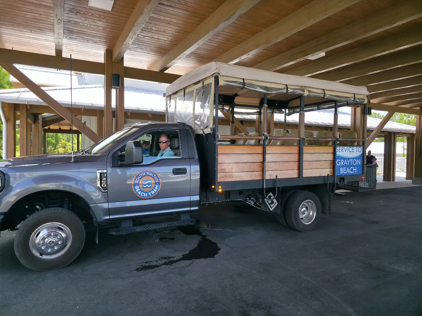The free beach tram at the Grayton Beach park-and-ride